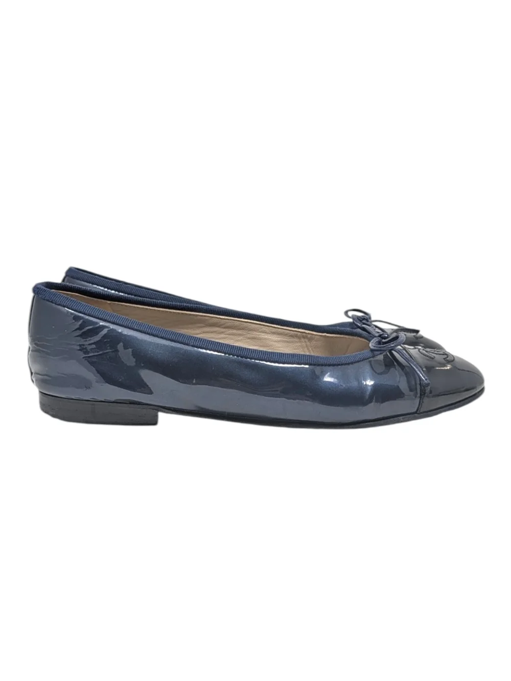 Chanel Ballet Flat Ballerina CC Logo Cap Toe Navy Blue Black Patent 37 | 6.5